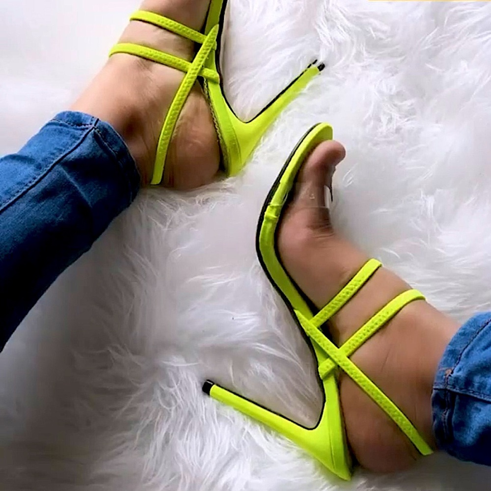 Strappy neon heels by Boohoo, Size 6